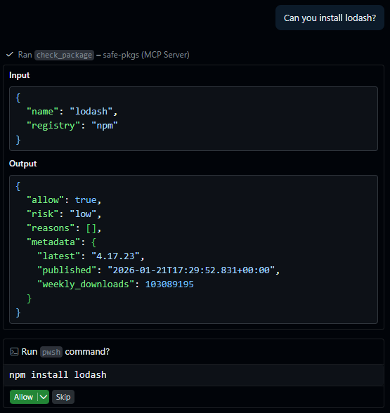 safe-pkgs VS Code example result