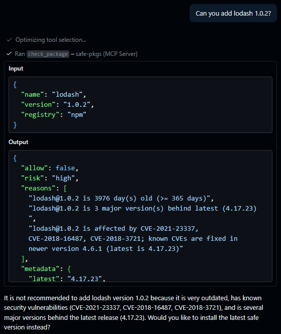 safe-pkgs VS Code example check flow